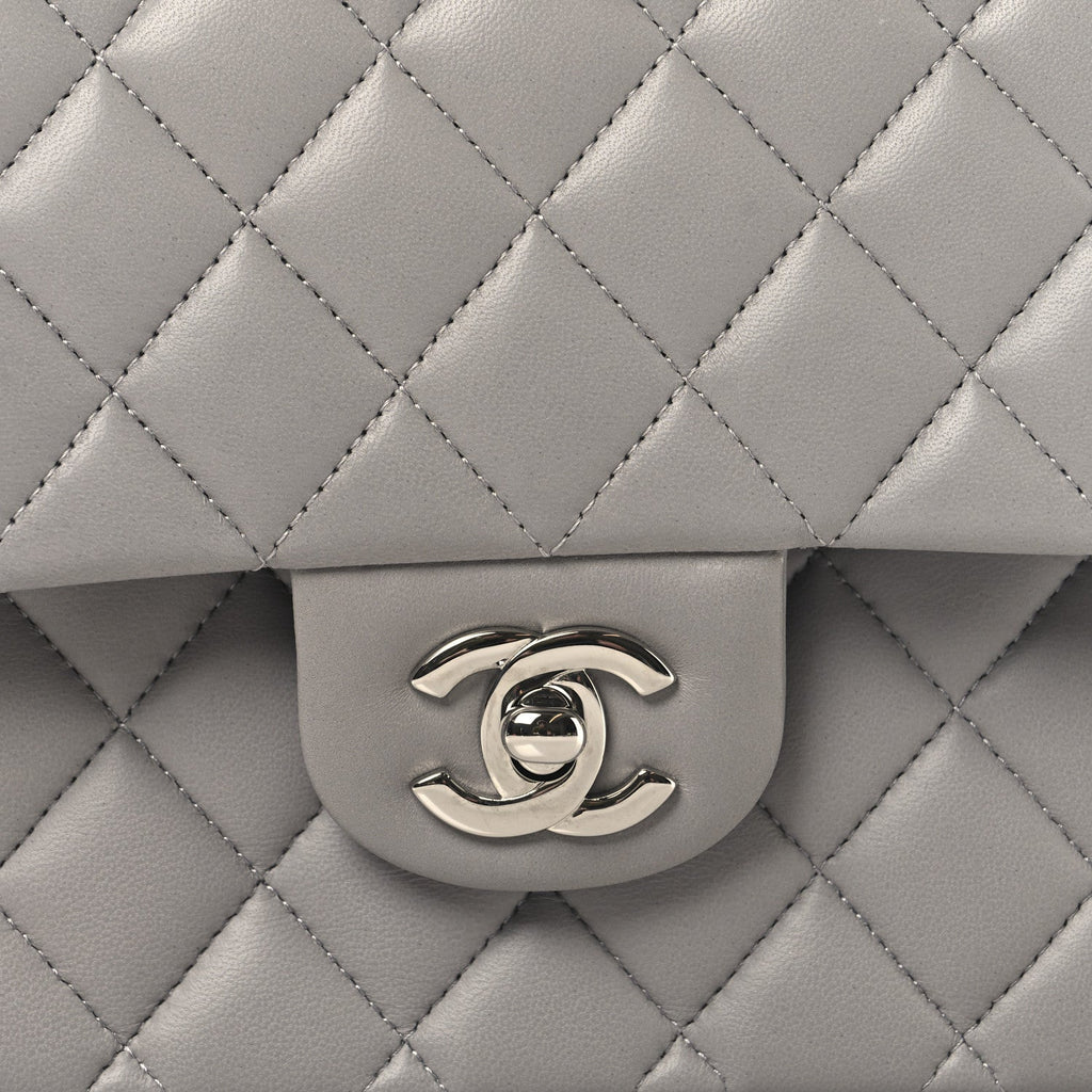Lambskin Quilted Medium Double Flap Grey