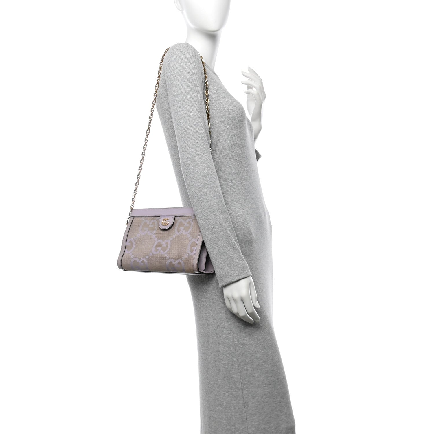 Monogram Jumbo GG Textured Dollar Calfskin Small Ophidia Chain Shoulder Bag Beige Lapis