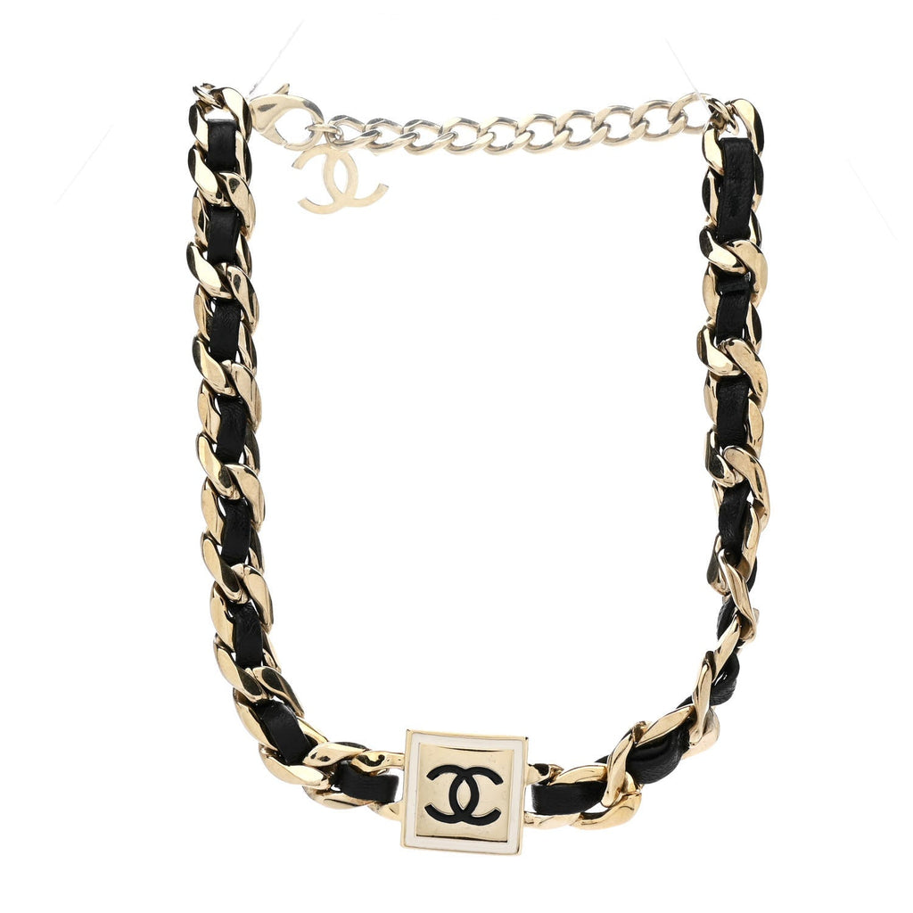 Metal Lambskin CC Square Choker Gold Black White
