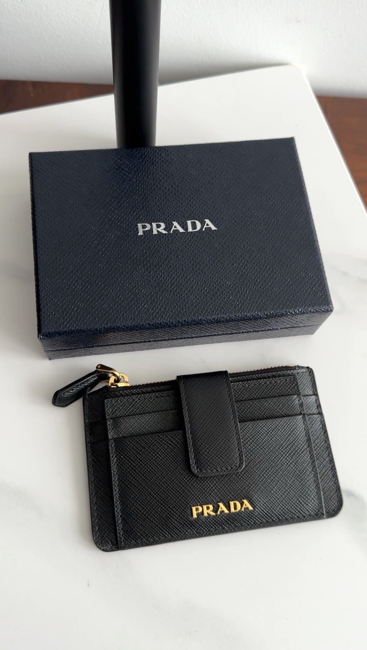 Prada Black Saffiano Leather Zip Top Compact Wallet /  Holder