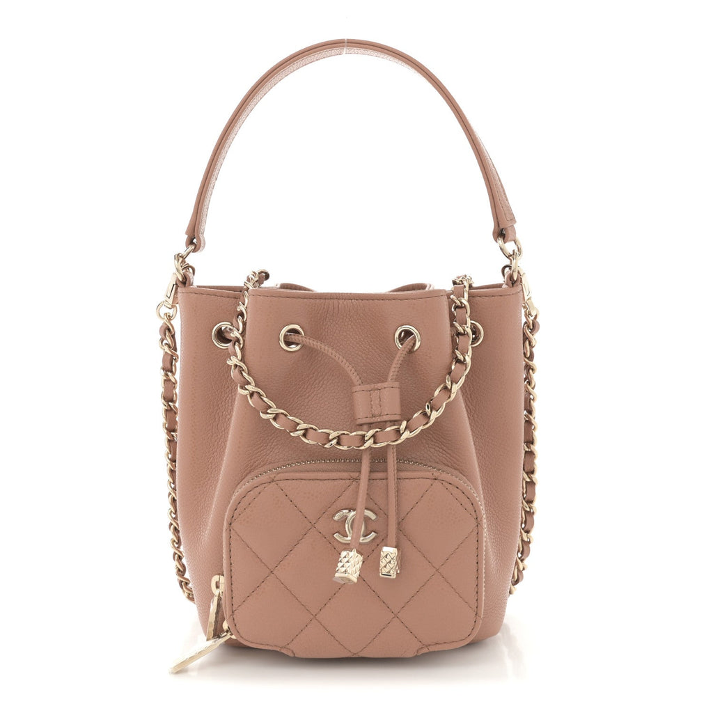 Shiny Grained Calfskin Quilted Mini Clutch With Chain Brown
