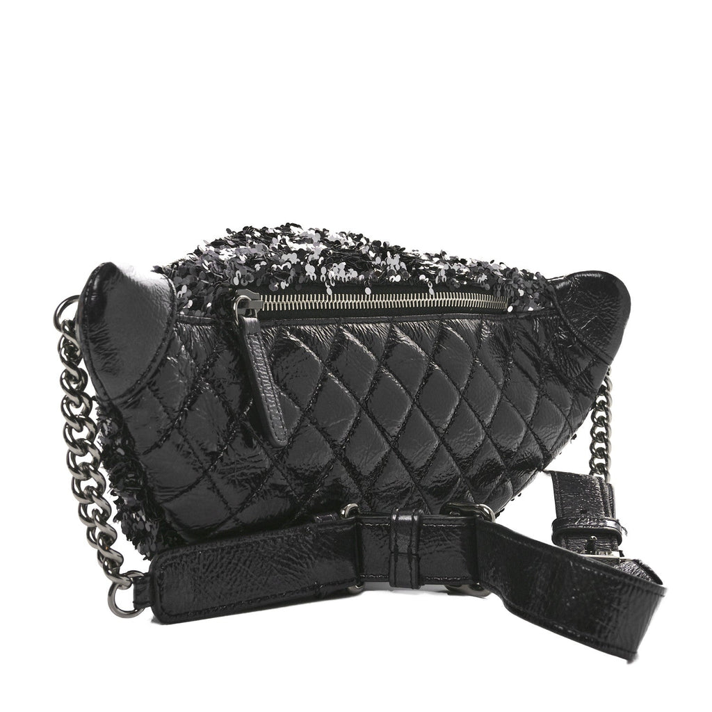 Sequin Shiny Aged Calfskin Sparkling City Waist Bag Fanny Pack Black Silver