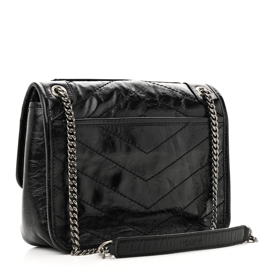 Crinkled Calfskin Matelasse Monogram Baby Niki Chain Satchel Black
