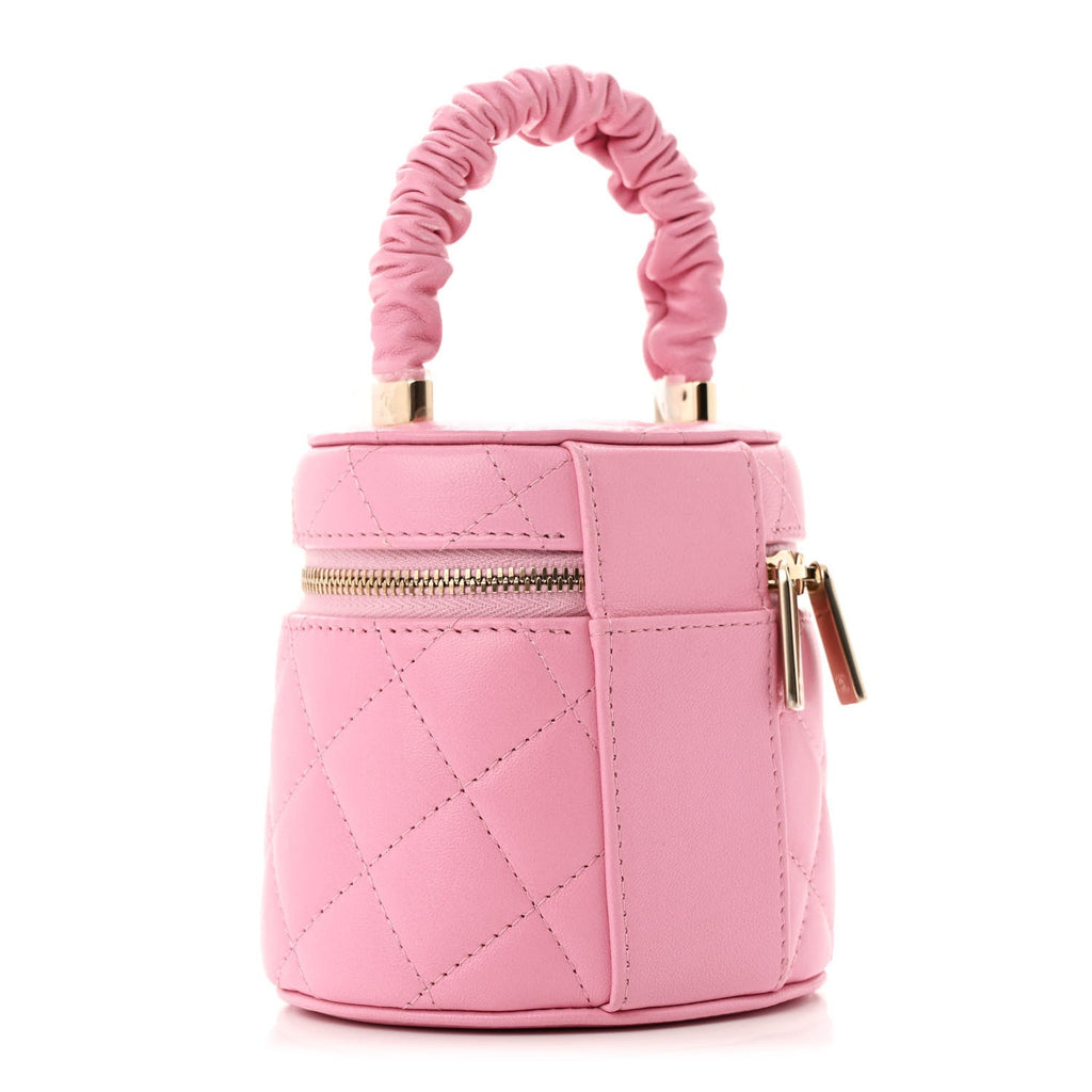 Lambskin Quilted Ruched Handle Vanity Case Pink