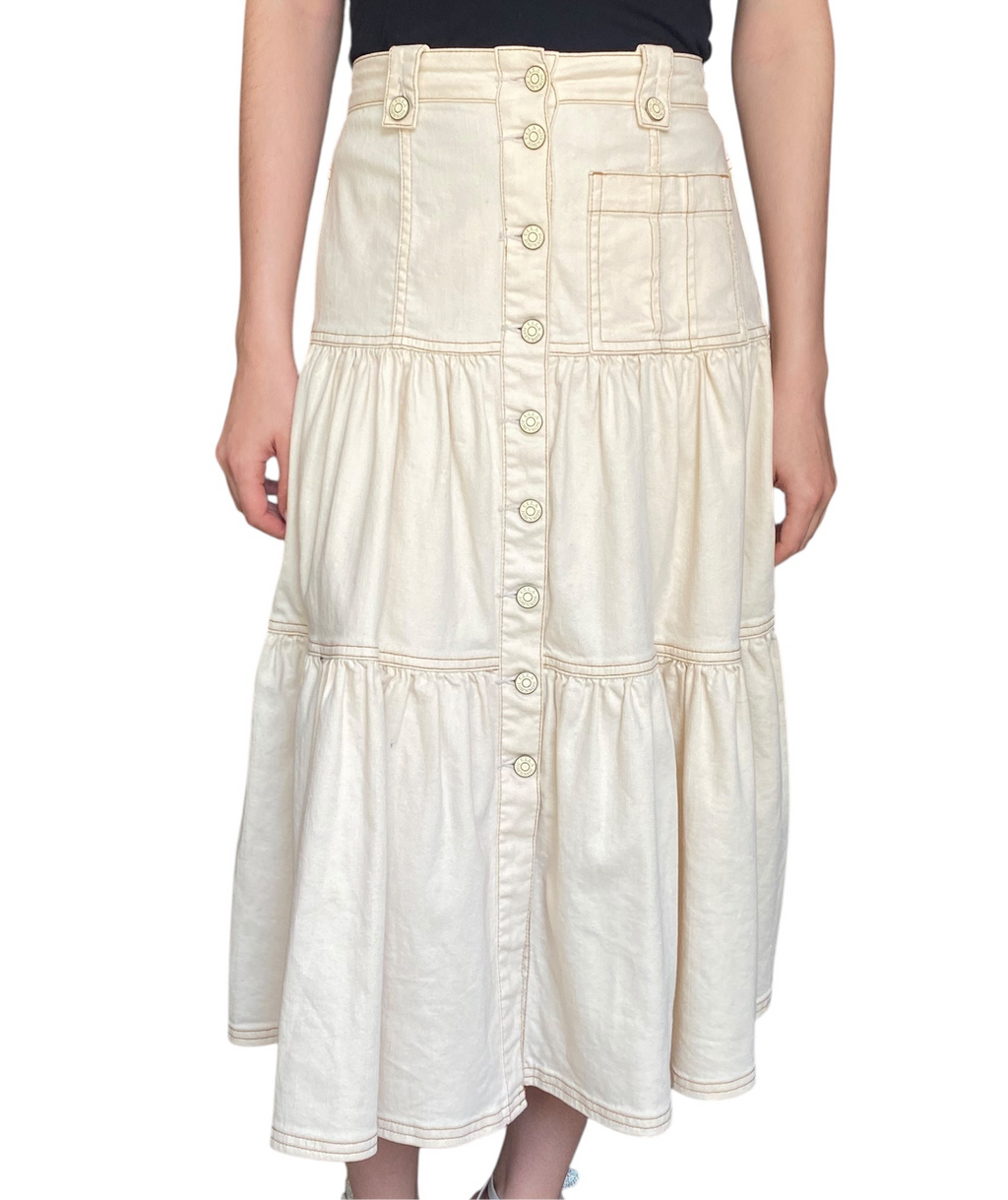 Ulla Johnson Beige Denim Tiered Maxi Skirt - 0