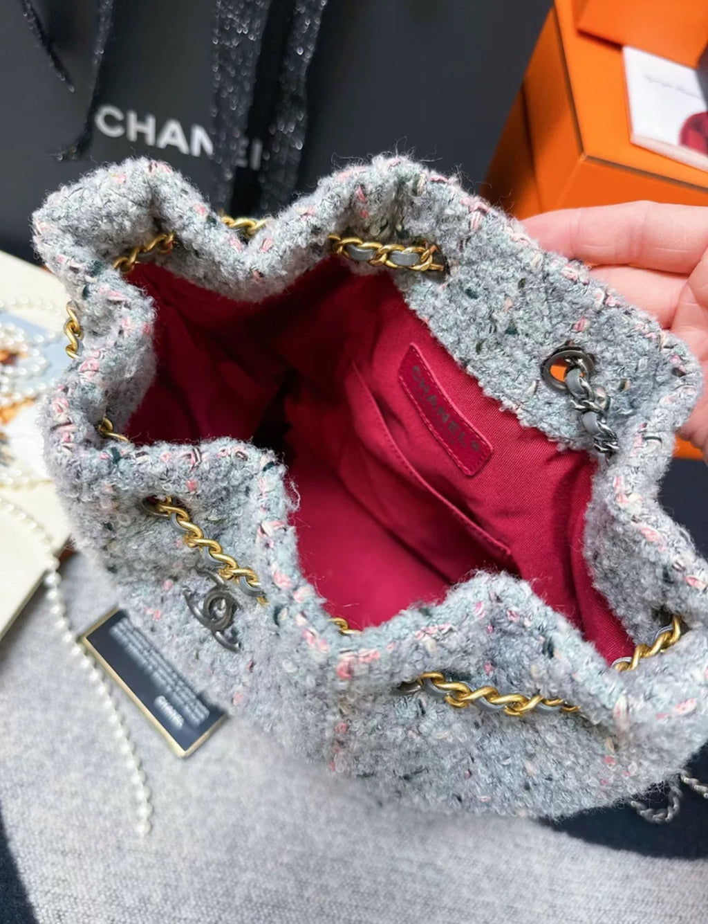 Chanel 17A Gray Multicolour tweed hobo backpack