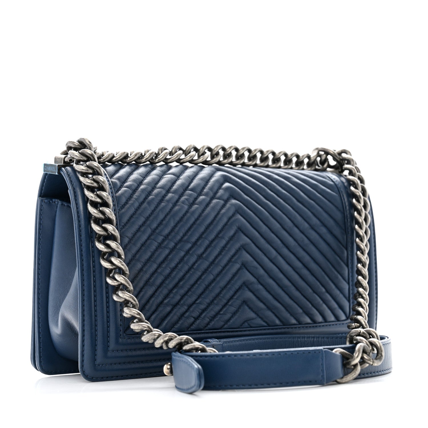 Calfskin Chevron Quilted Medium Boy Flap Dark Navy Blue