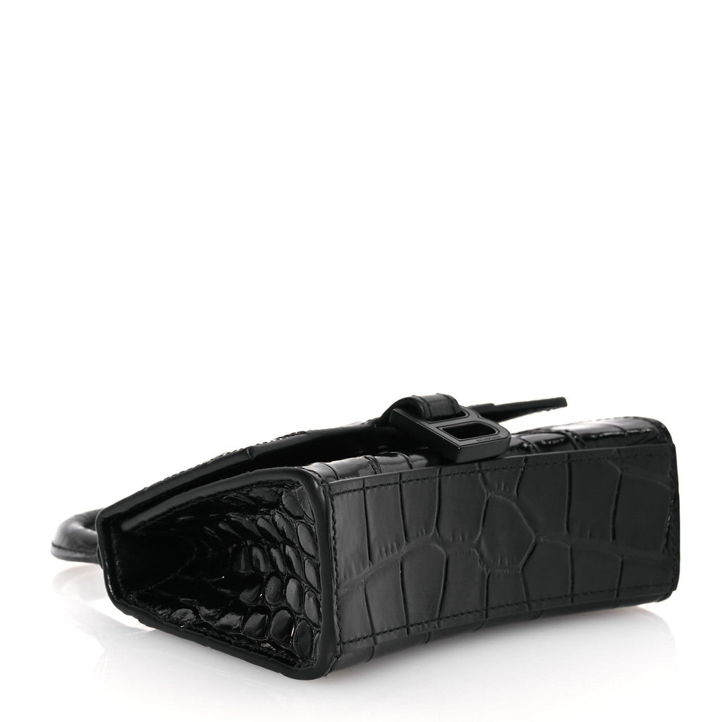 Shiny Calfskin Monochrome Crocodile Embossed Hourglass Top Handle Bag Mini with Chain Black