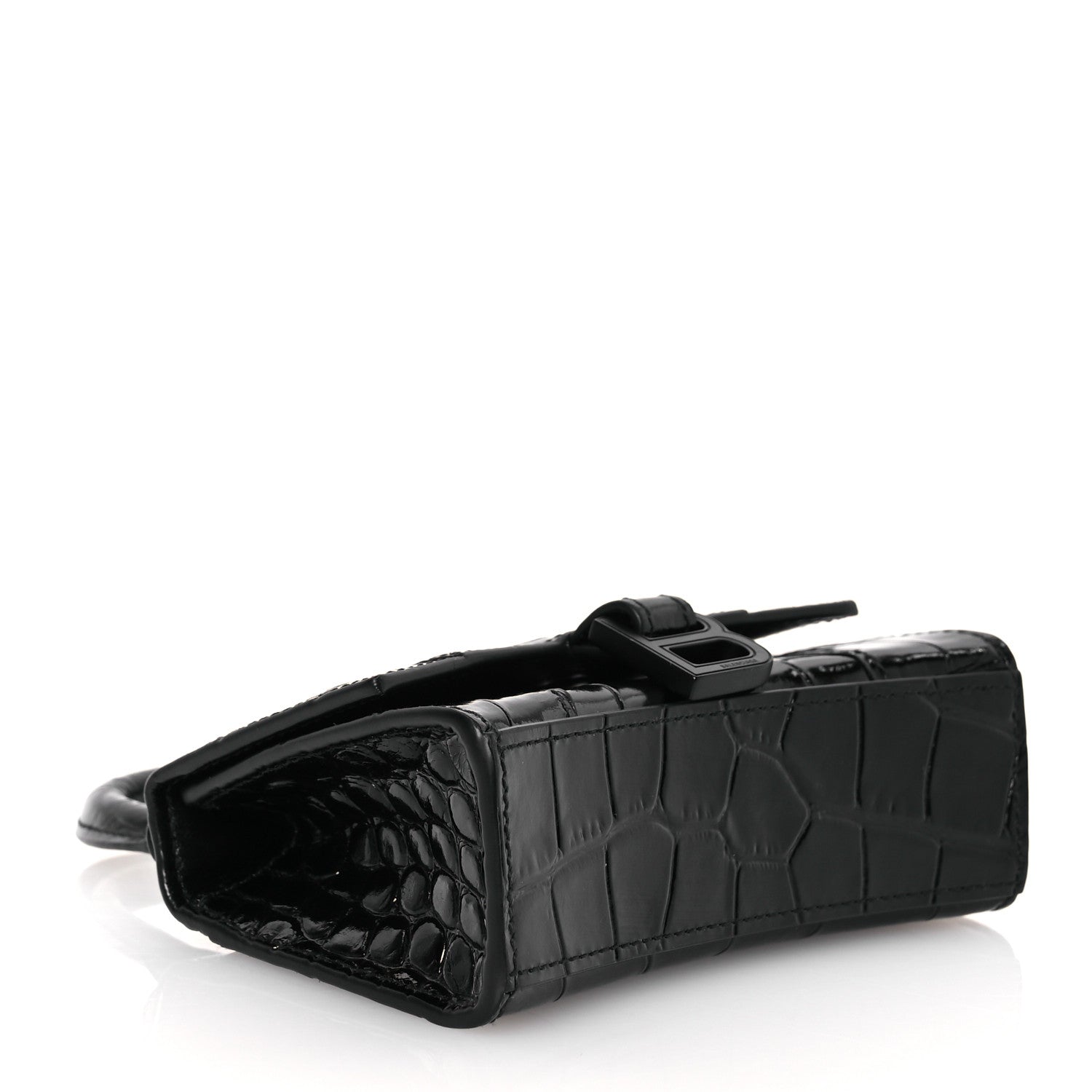 Shiny Calfskin Monochrome Crocodile Embossed Hourglass Top Handle Bag Mini with Chain Black