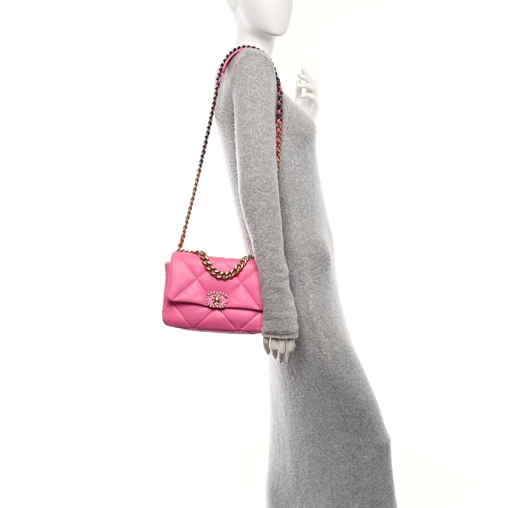 Shiny Lambskin Quilted Medium Chanel 19 Flap Neon Pink