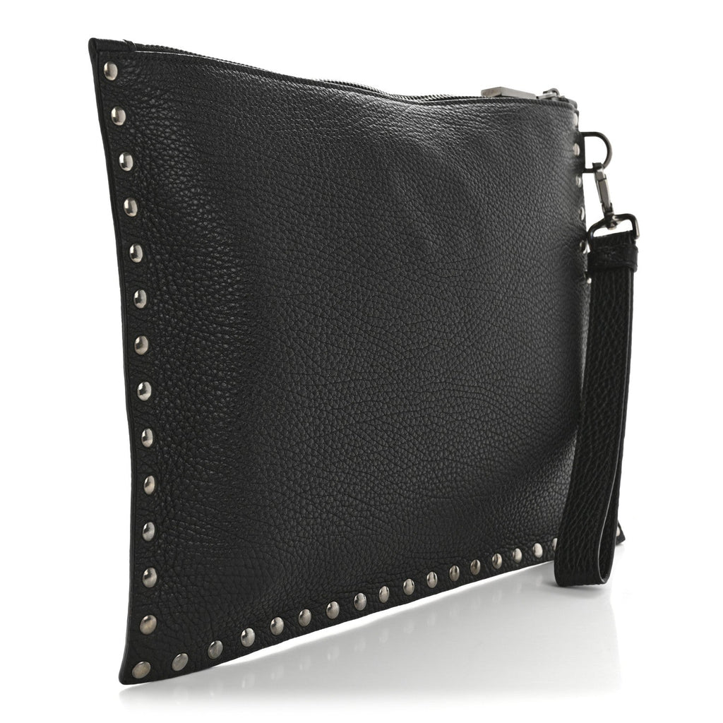 Grained Calfskin Studded Medusa Wristlet Pouch Black