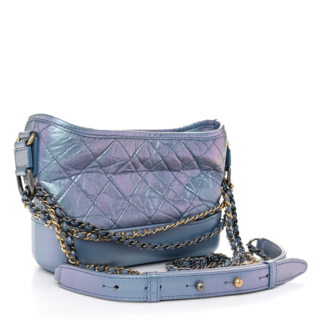 Iridescent Aged Calfskin Quilted Small Gabrielle Hobo Blue