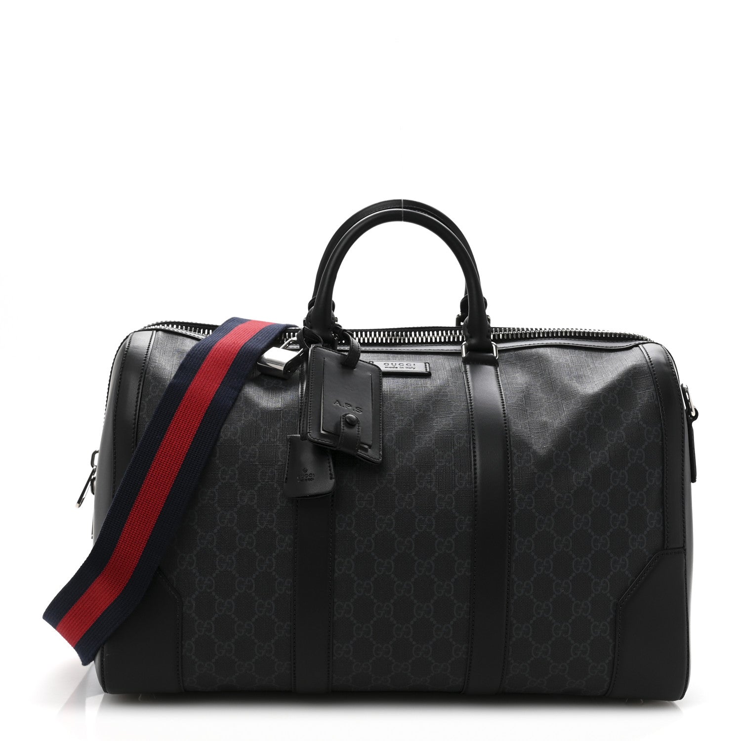 Soft GG Supreme Monogram Appia Calfskin Web Medium Carry On Duffle Bag Black Grey