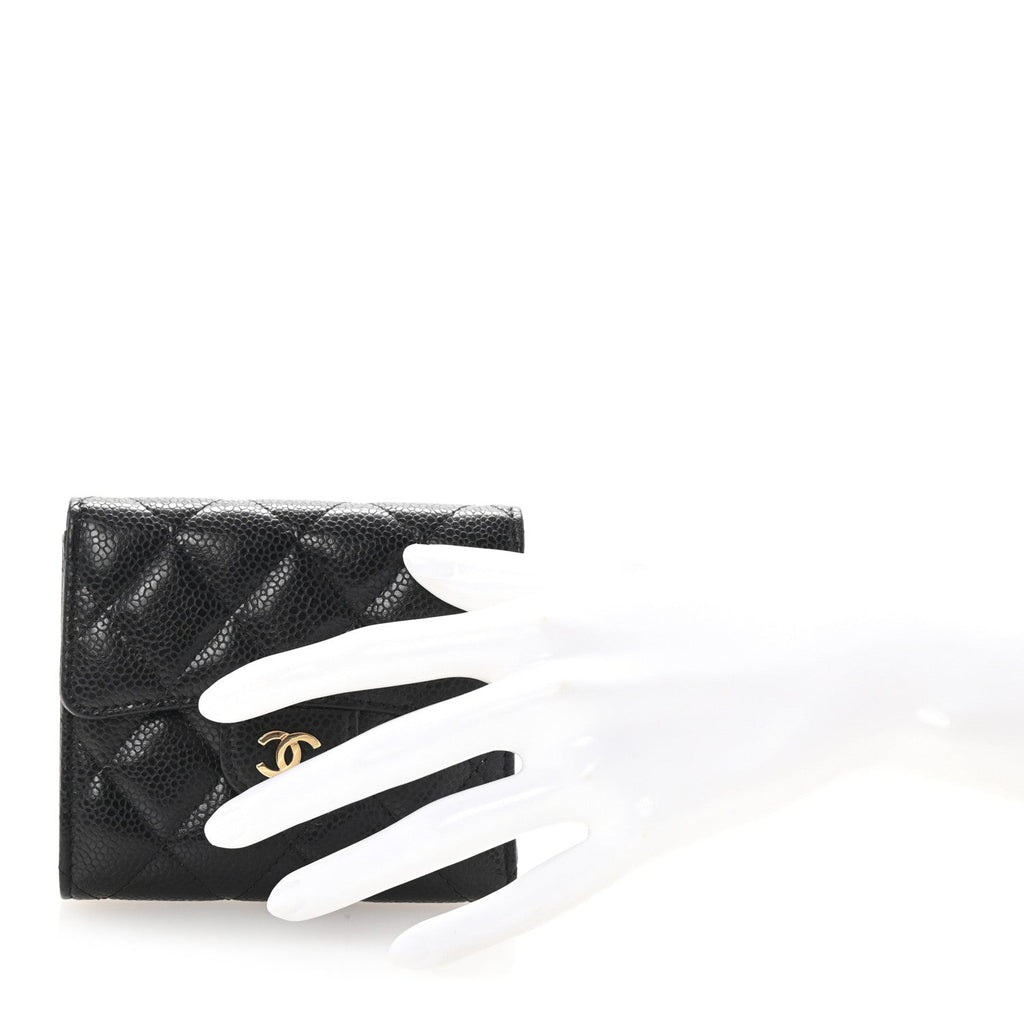 Caviar Quilted Compact Flap Wallet Black