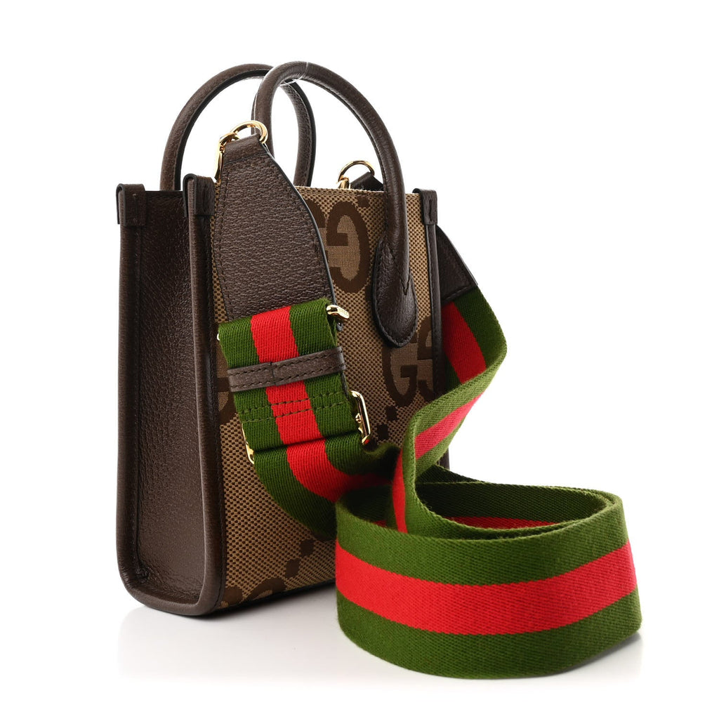 Monogram Jumbo GG Textured Dollar Calfskin Web Mini Vertical Tote Camel Ebony New Acero