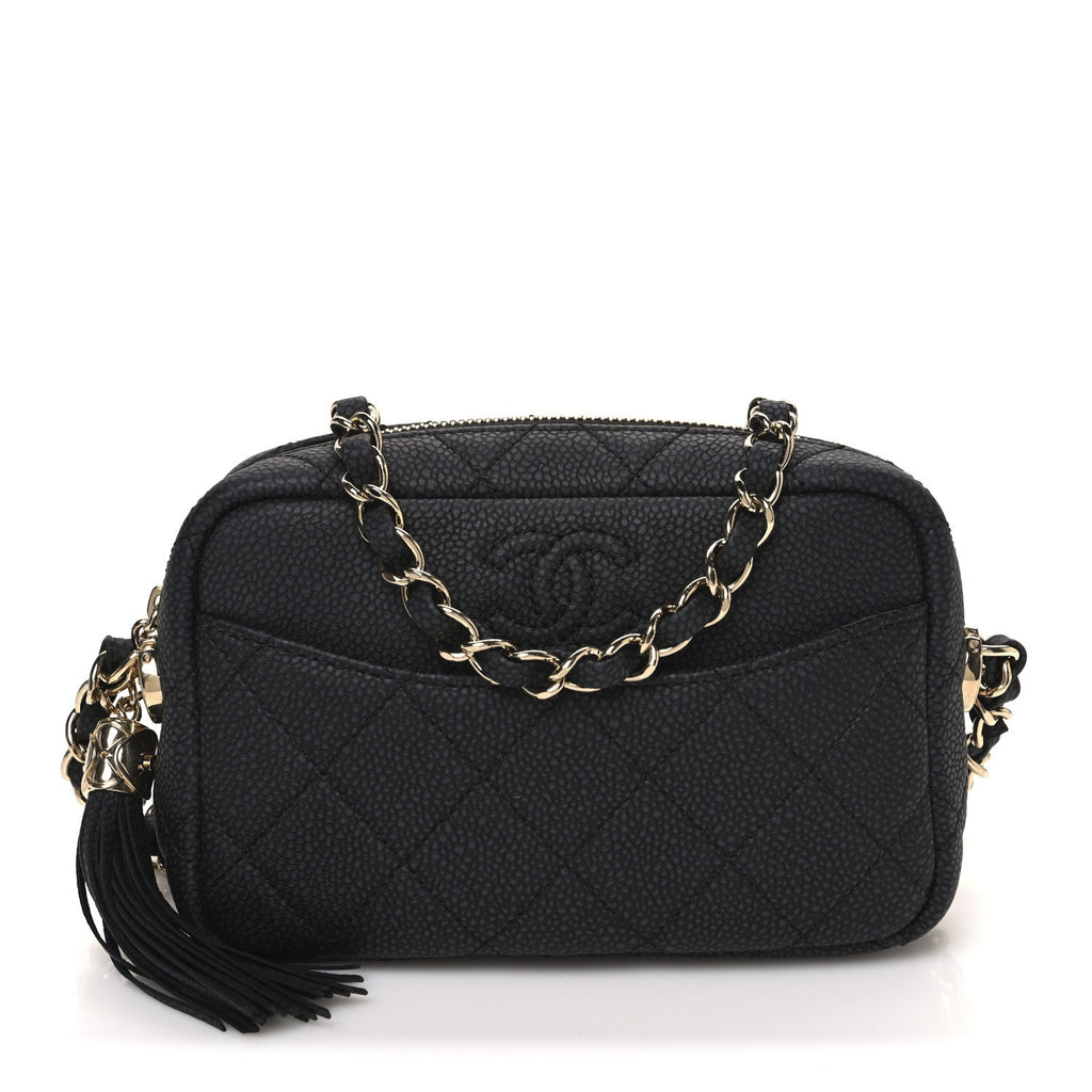 Iridescent Caviar Quilted Mini Coco Tassel Camera Case Black