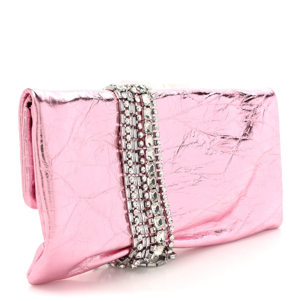 Vintage Metallic Calfskin Crystal Zandra Clutch Bag Rose Silver
