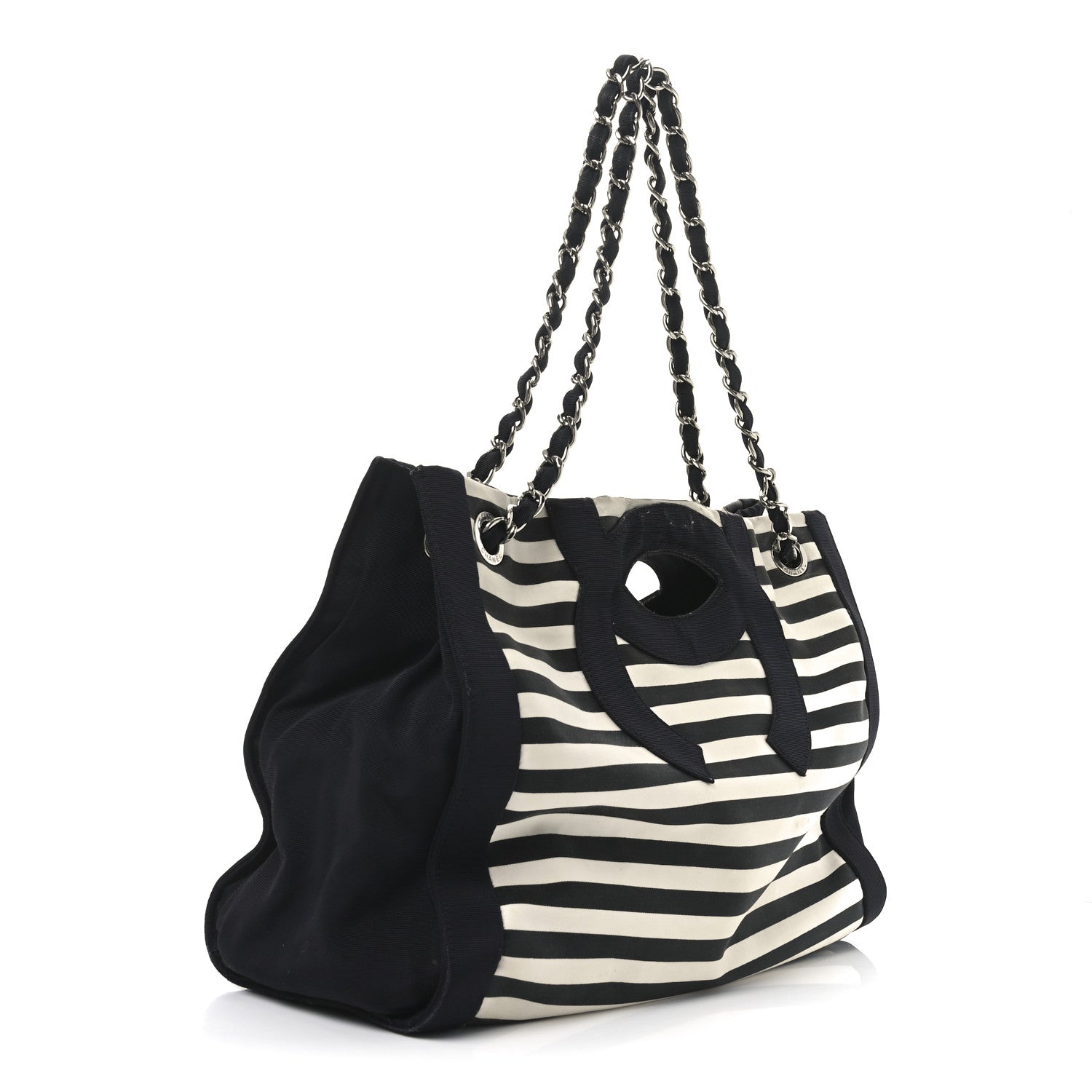 Canvas Grosgrain Striped CC Shopping Tote Black White