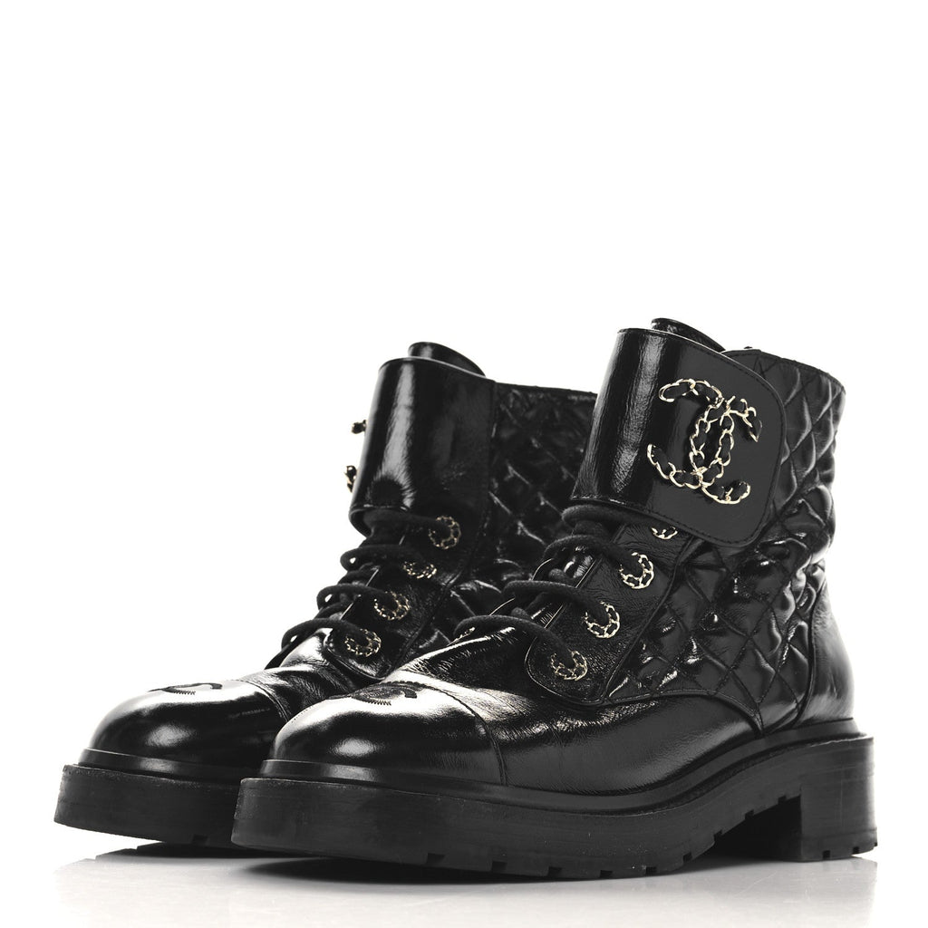 Crumpled Patent Lambskin Calfskin Quilted Lace Up Combat Boots 39.5 Black