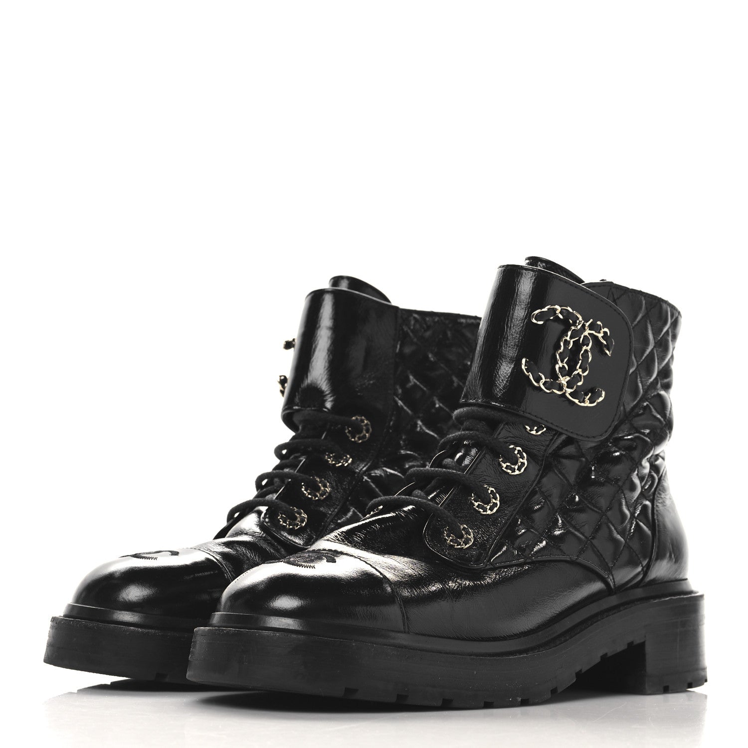 Crumpled Patent Lambskin Calfskin Quilted Lace Up Combat Boots 39.5 Black