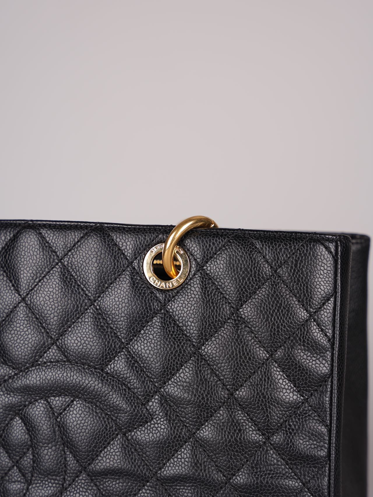 Chanel GST Medium Black Quilted Caviar Leather Tote Bag with Gold Hardware