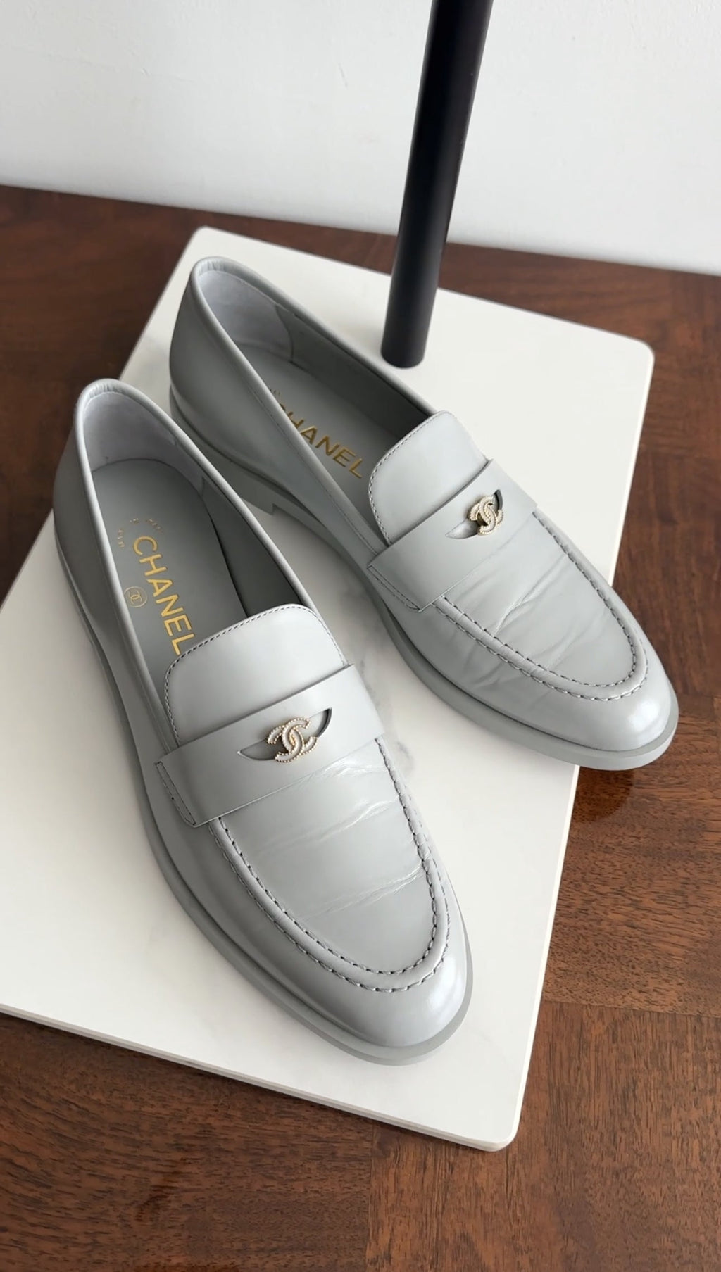 Chanel Putty Grey Glossed Leather CC Loafer - 39.5