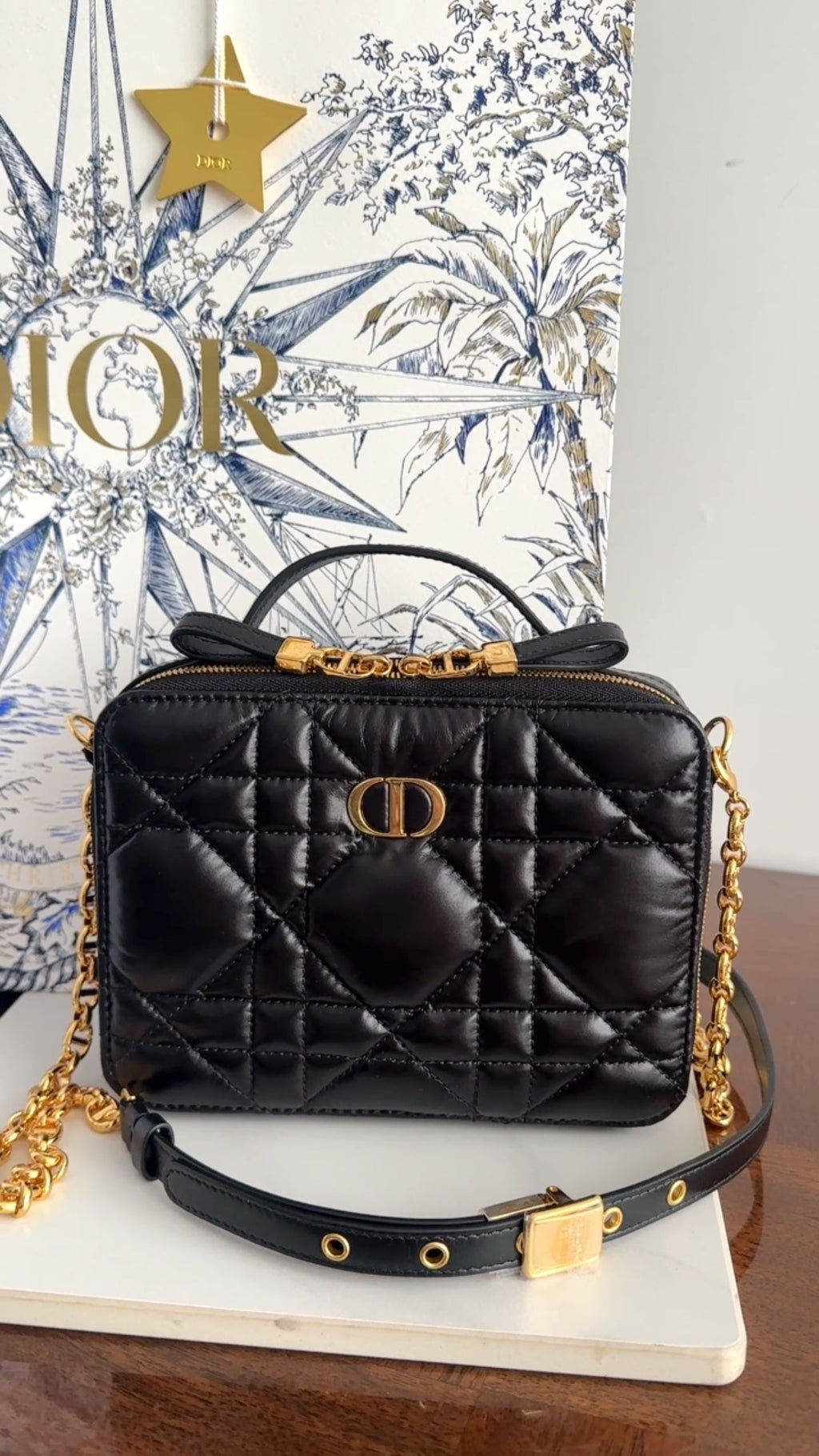 Dior Black Calfskin Cannage Box Caro Pouch Crossbody Zip Bag