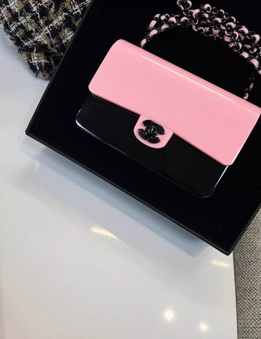 CHANEL 21K PINK BLACK MINI EVENING PLEXI BAG