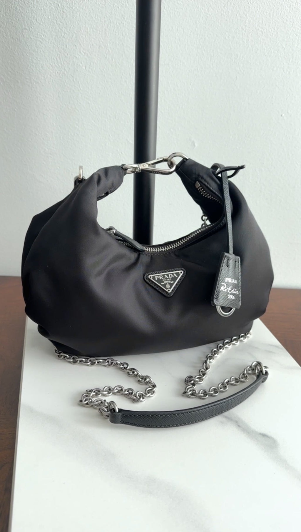 Prada Black Nylon Re-Edition 2006 Chain Hobo Bag