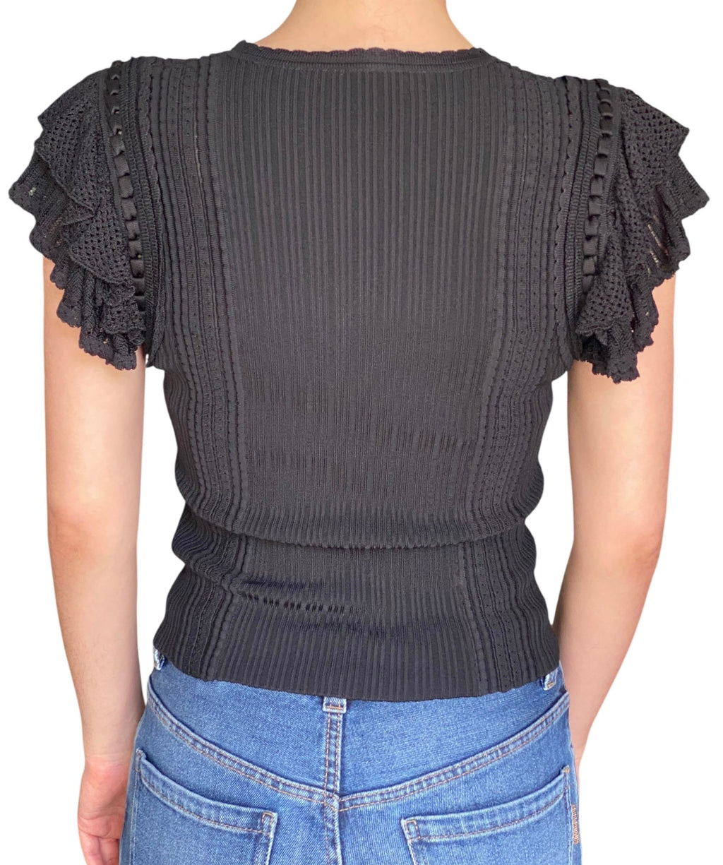 Ulla Johnson Black Knit Ribbed Ruffle Top - S