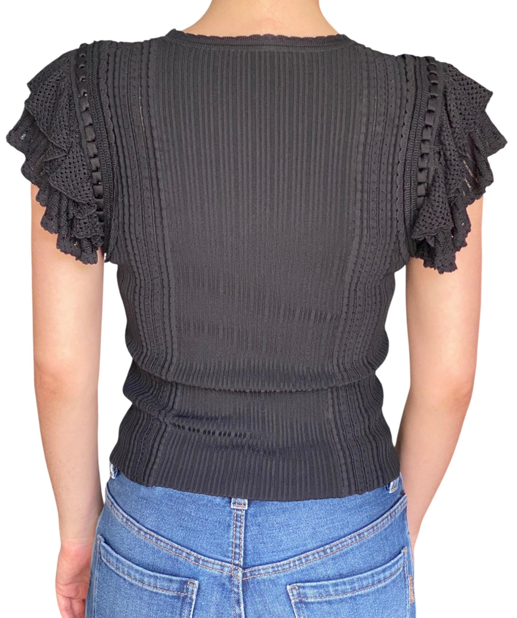 Ulla Johnson Black Knit Ribbed Ruffle Top - S
