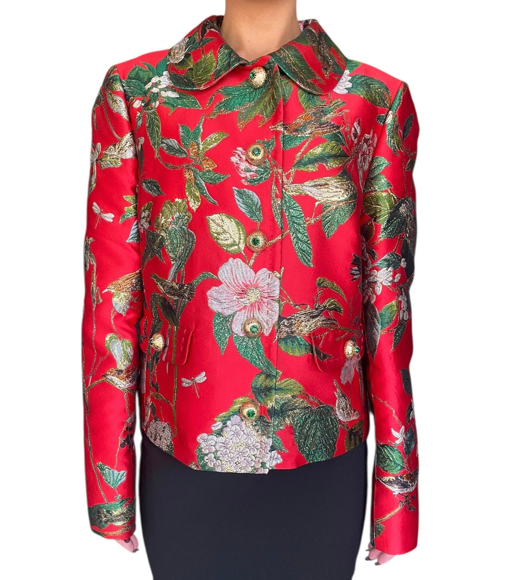 Dolce &amp; Gabbana Red Jacquard Floral Embroidered Jacket - 48 / US 12