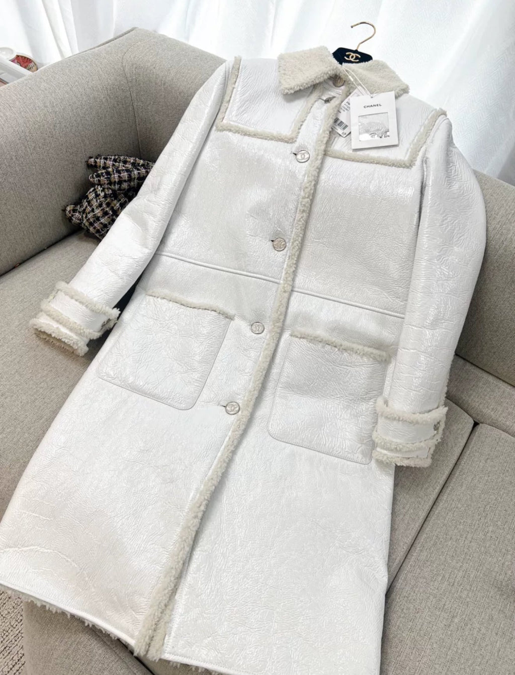 Chanel 21B long leather shearling coat
