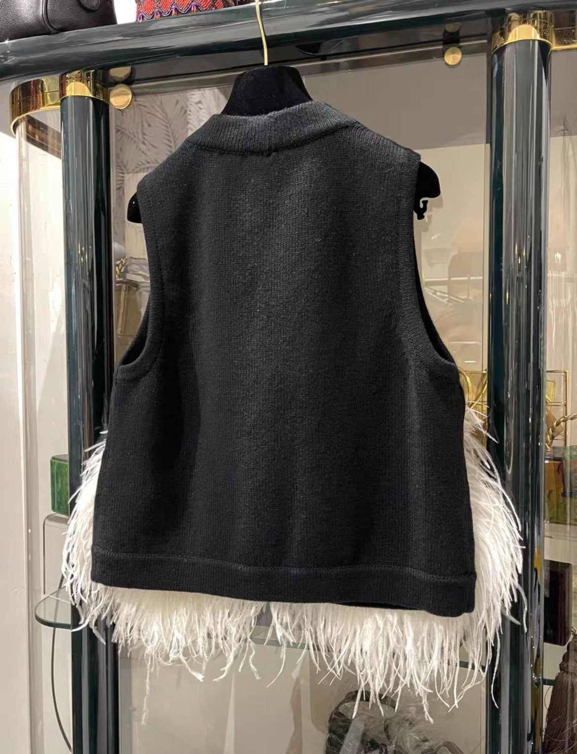 Chanel 23AW Black Cashmere & White Ostrich Feathers Vest