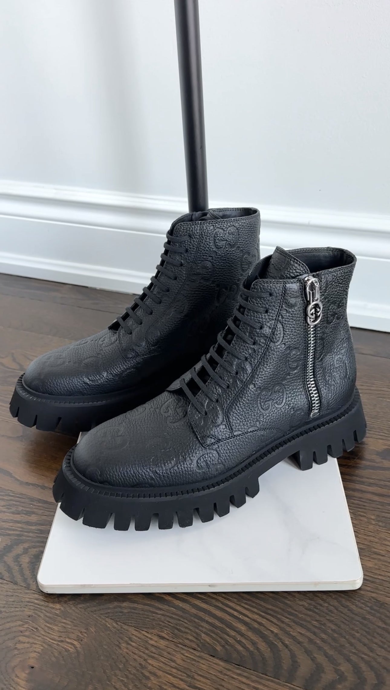 Gucci Black Leather GG Embossed Zip Combat Boots - 39.5