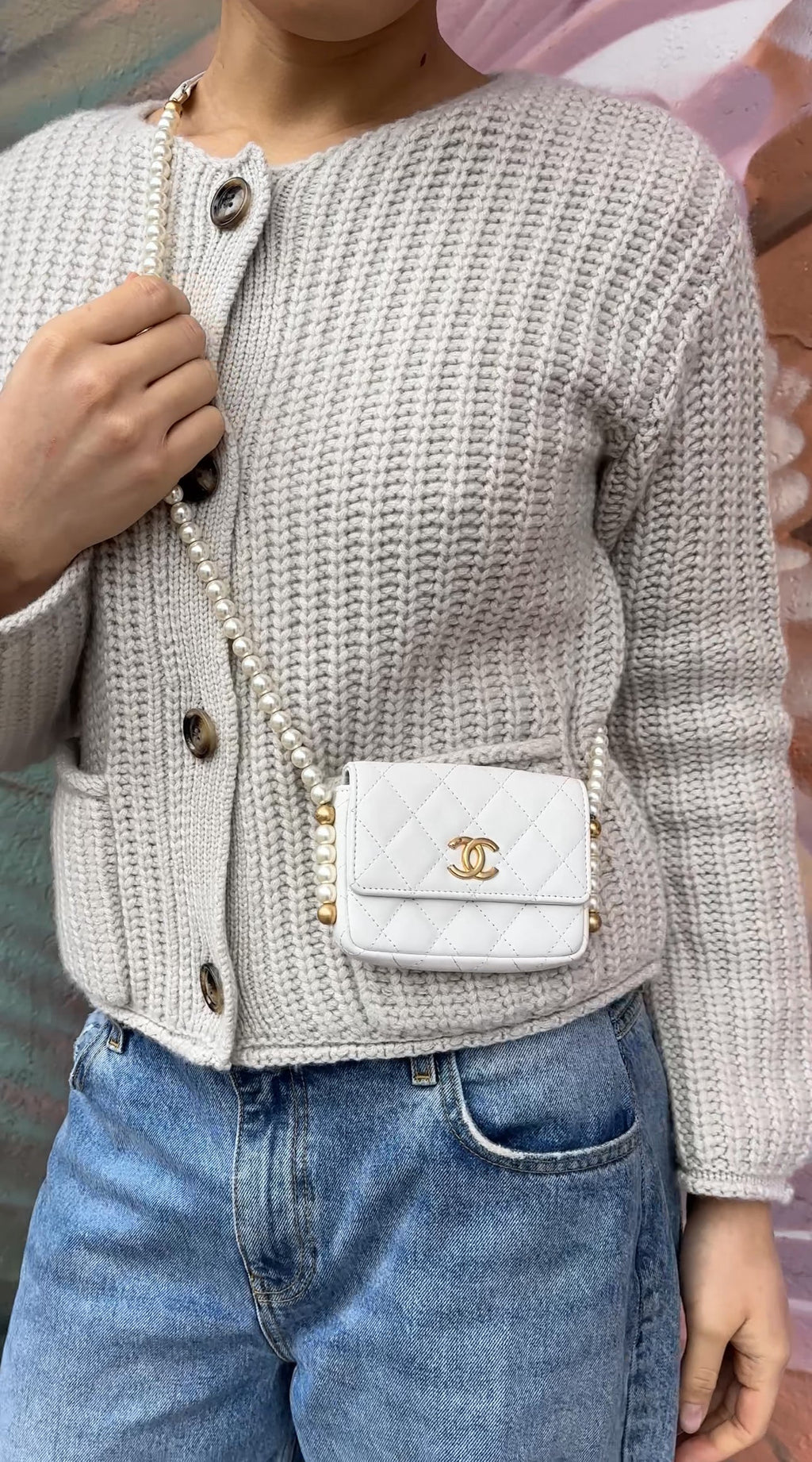Chanel Ivory White About Pearls Mini  Holder on Strap