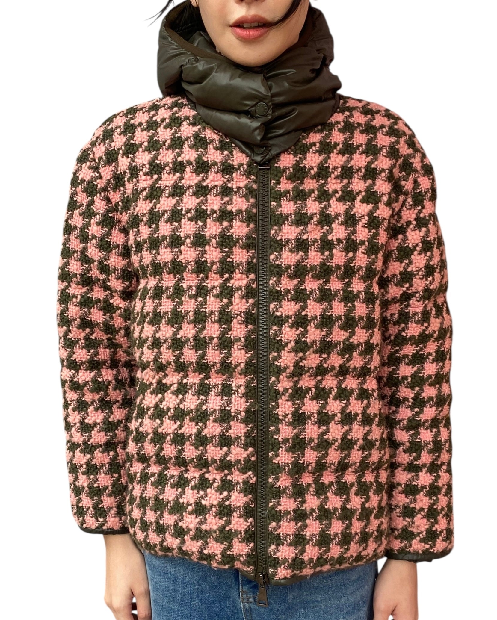 Moncler Pink Chevril Houndstooth Puffer Jacket - 1 / S-M