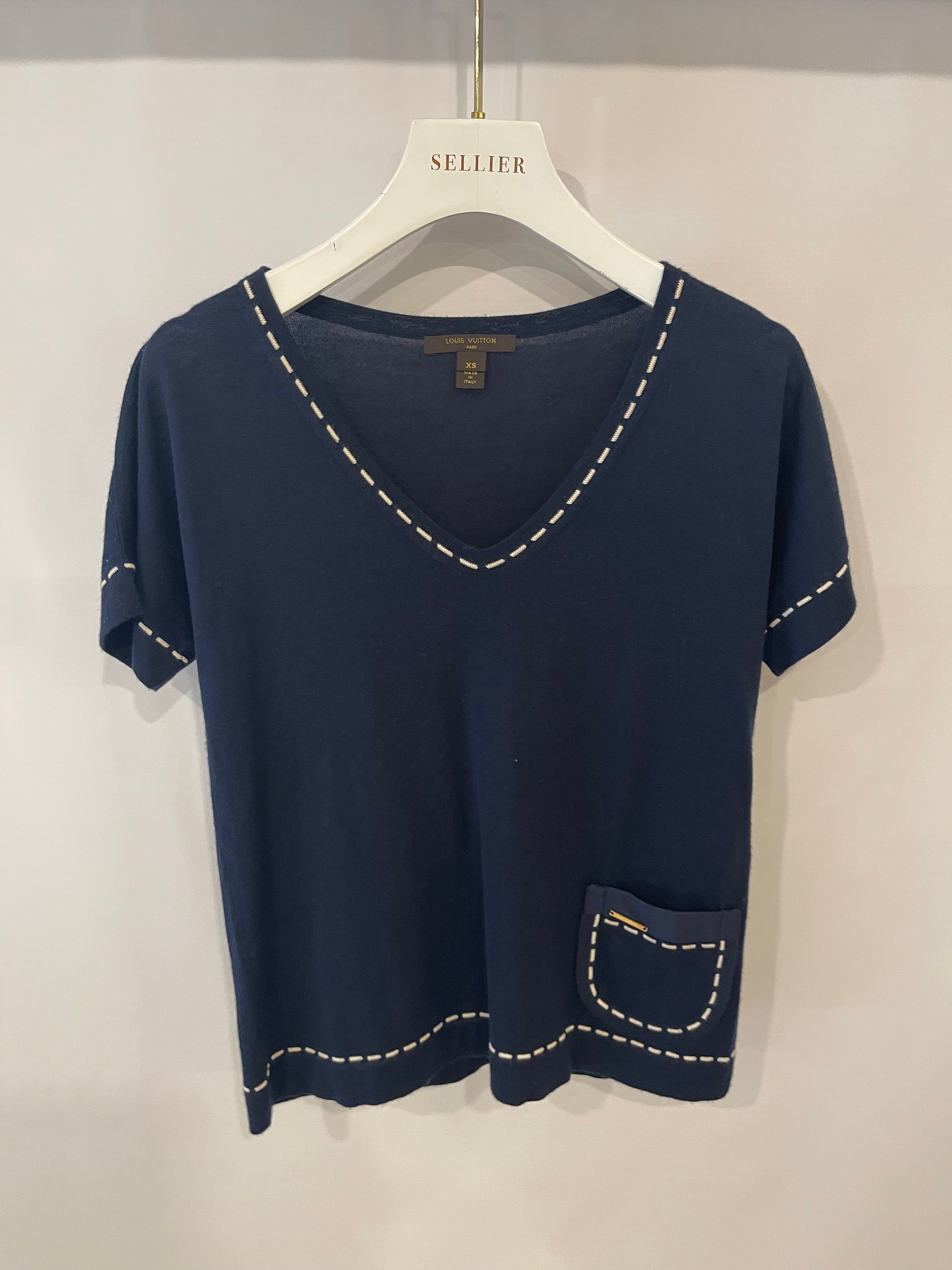 Louis Vuitton Navy Cashmere V-Neck Top with Cream Stitching Details Size XS (UK 6)