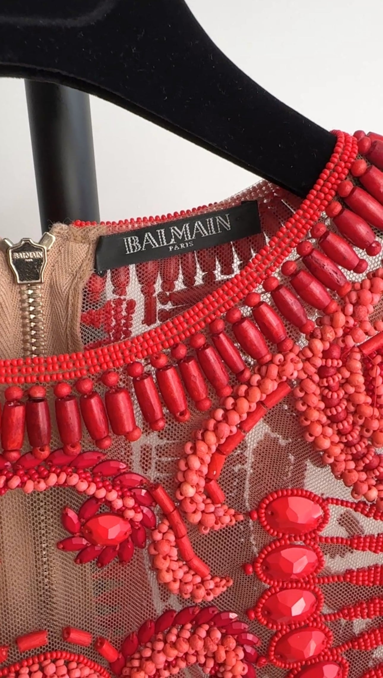Balmain Red Glass and Wood Heavily Beaded Top - FR36 / S