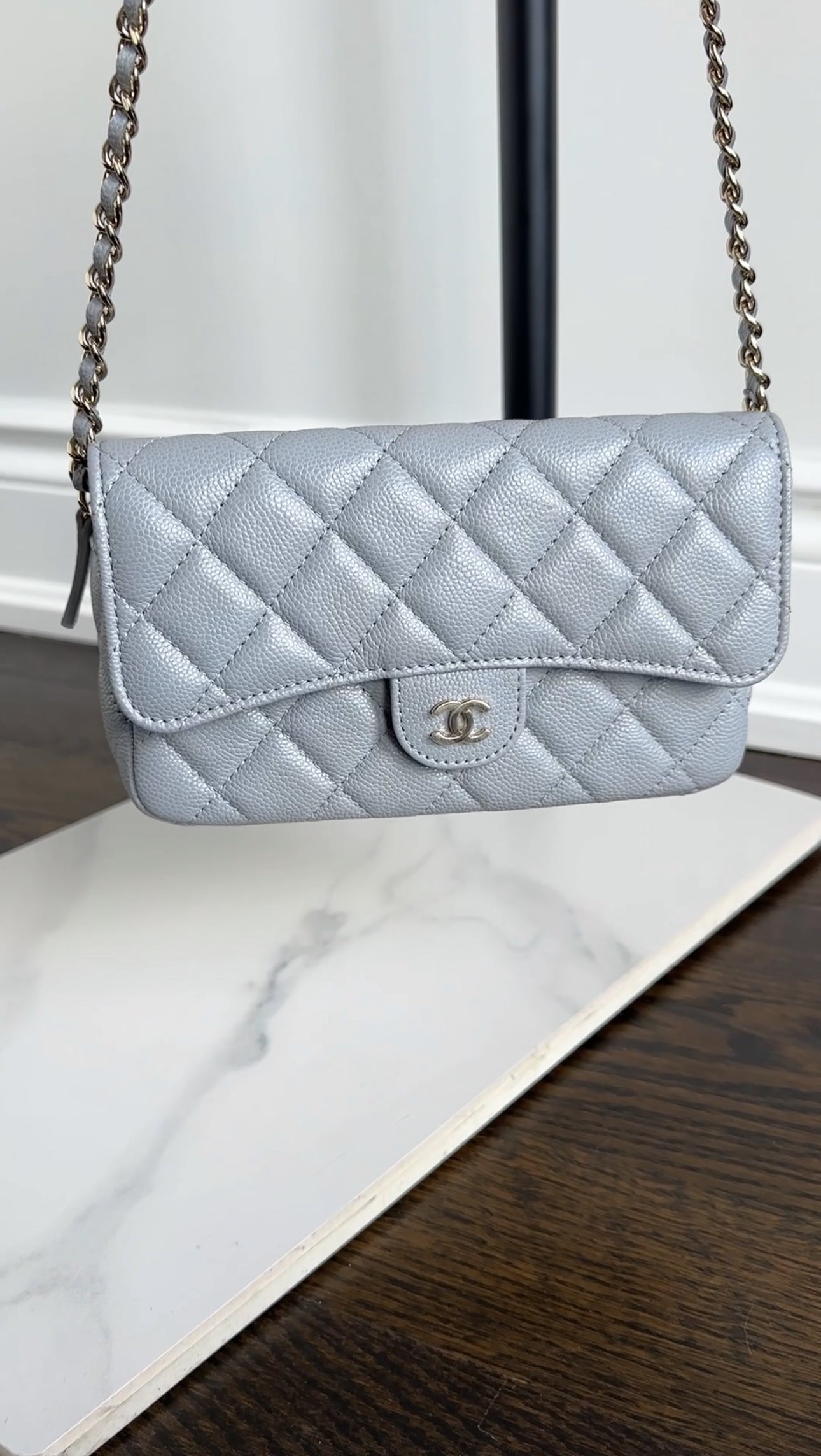 Chanel Blue Grey Caviar Leather Timeless Classic Phone Case Bag