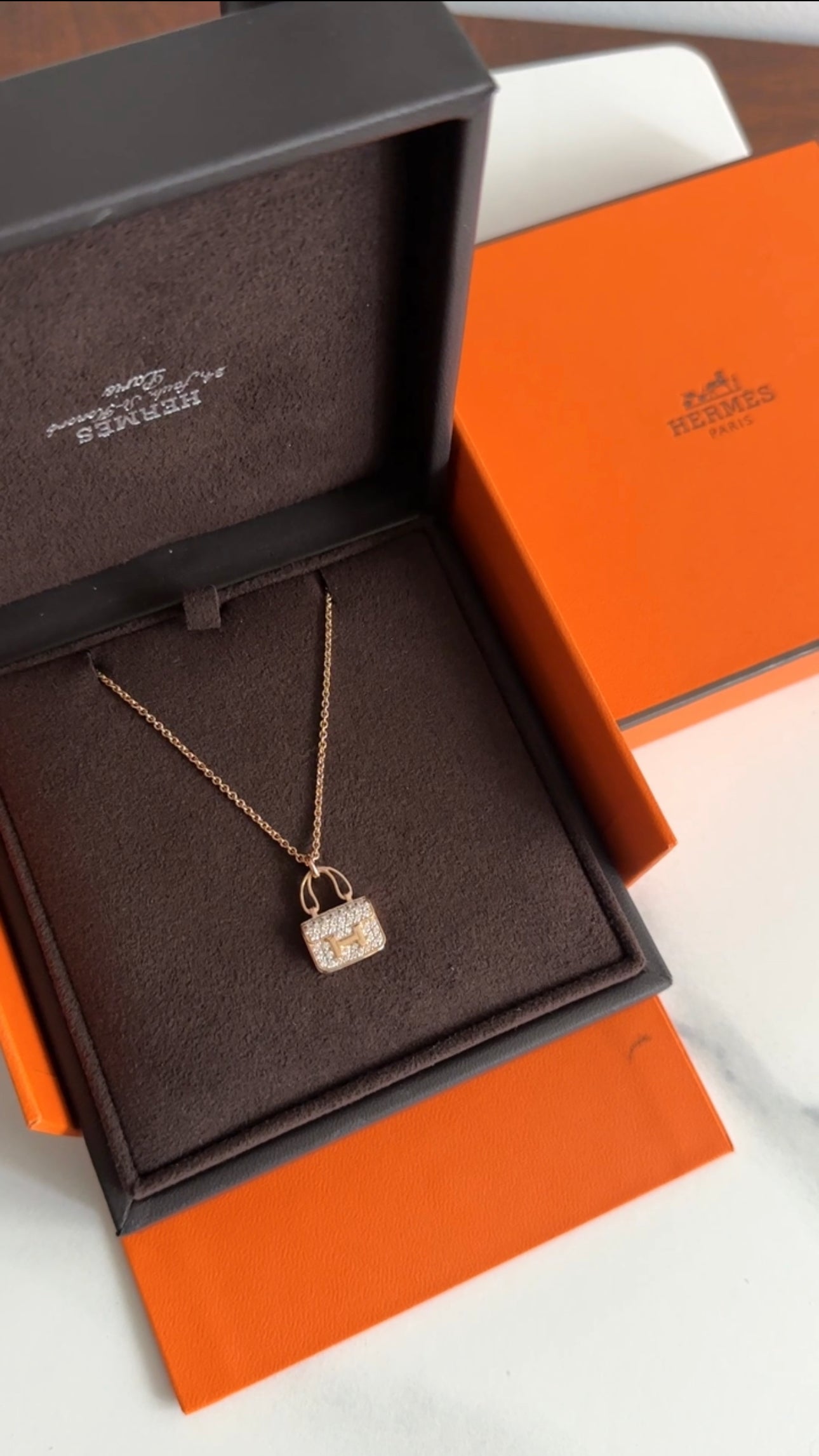 Hermes 18k Rose Gold Diamond Amulettes Constance Necklace