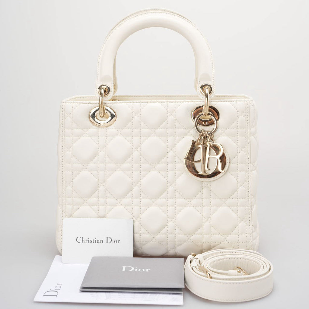Christian Dior White Medium Lady Dior Bag in Cannage Lambskin Leather with Gold Hardware