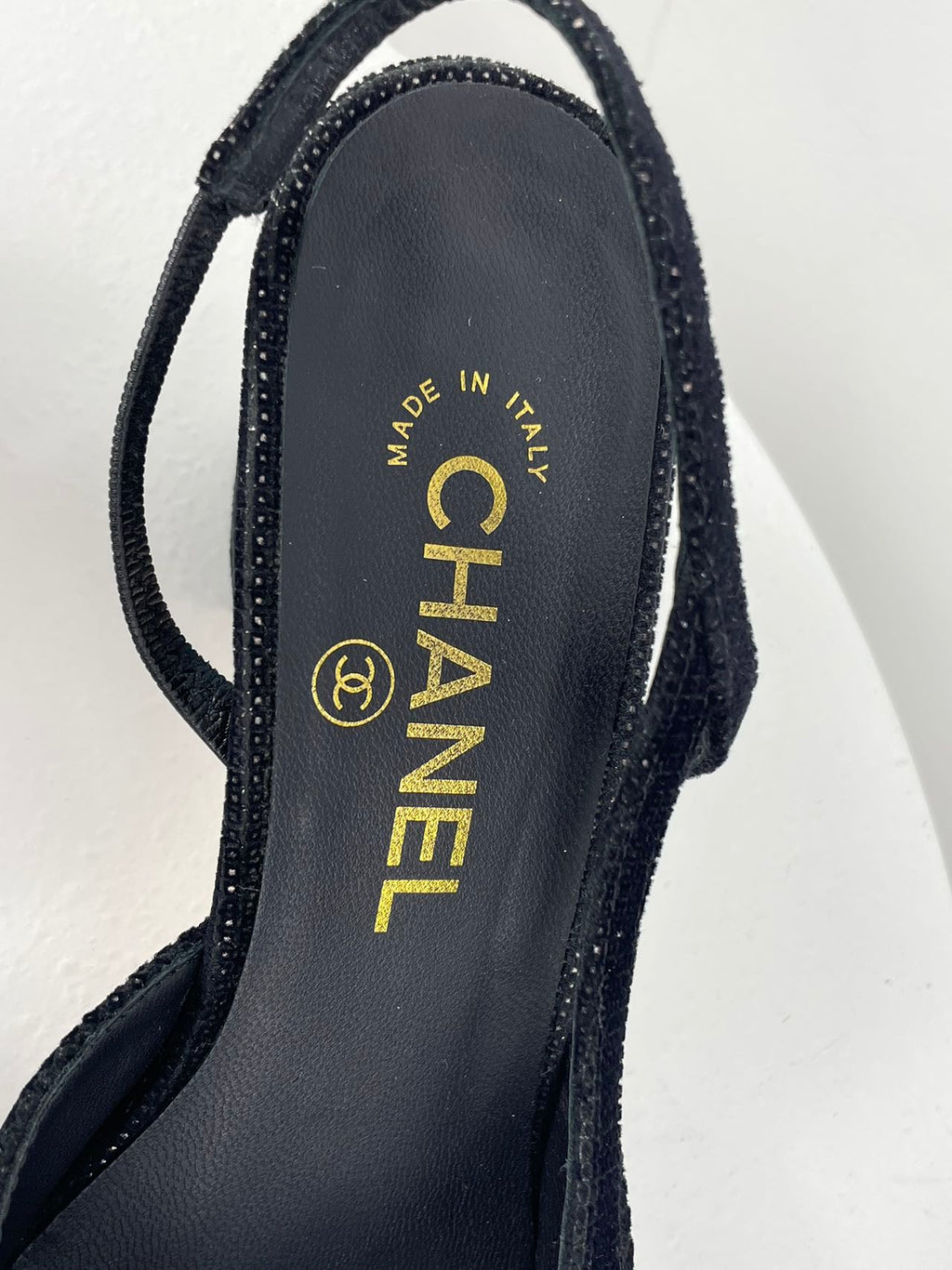 Chanel Tweed Black Gold Slingback Pumps with CC Logo 36