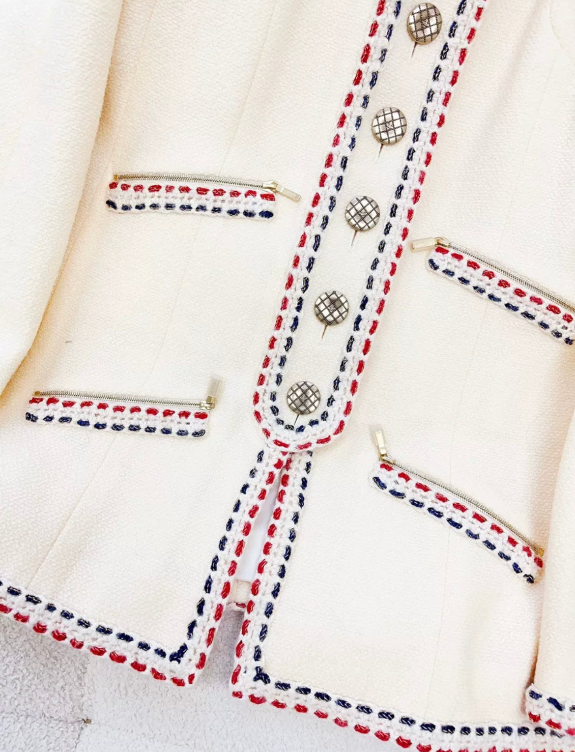 CHANEL 18B Hamburg Ivory Navy Red Tricolor Wool Braid Trim Jacket size 38