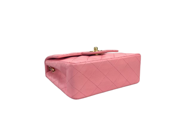 Chanel Vintage Rose Pink Classic Mini Square Flap Bag in Lambskin with Gold Hardware