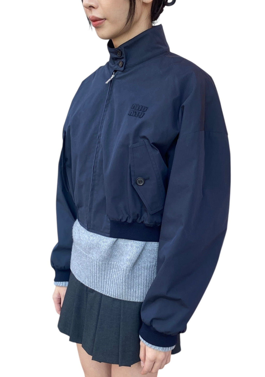 Miu Miu Navy Panama Cropped Bomber Jacket - 40 / US 6