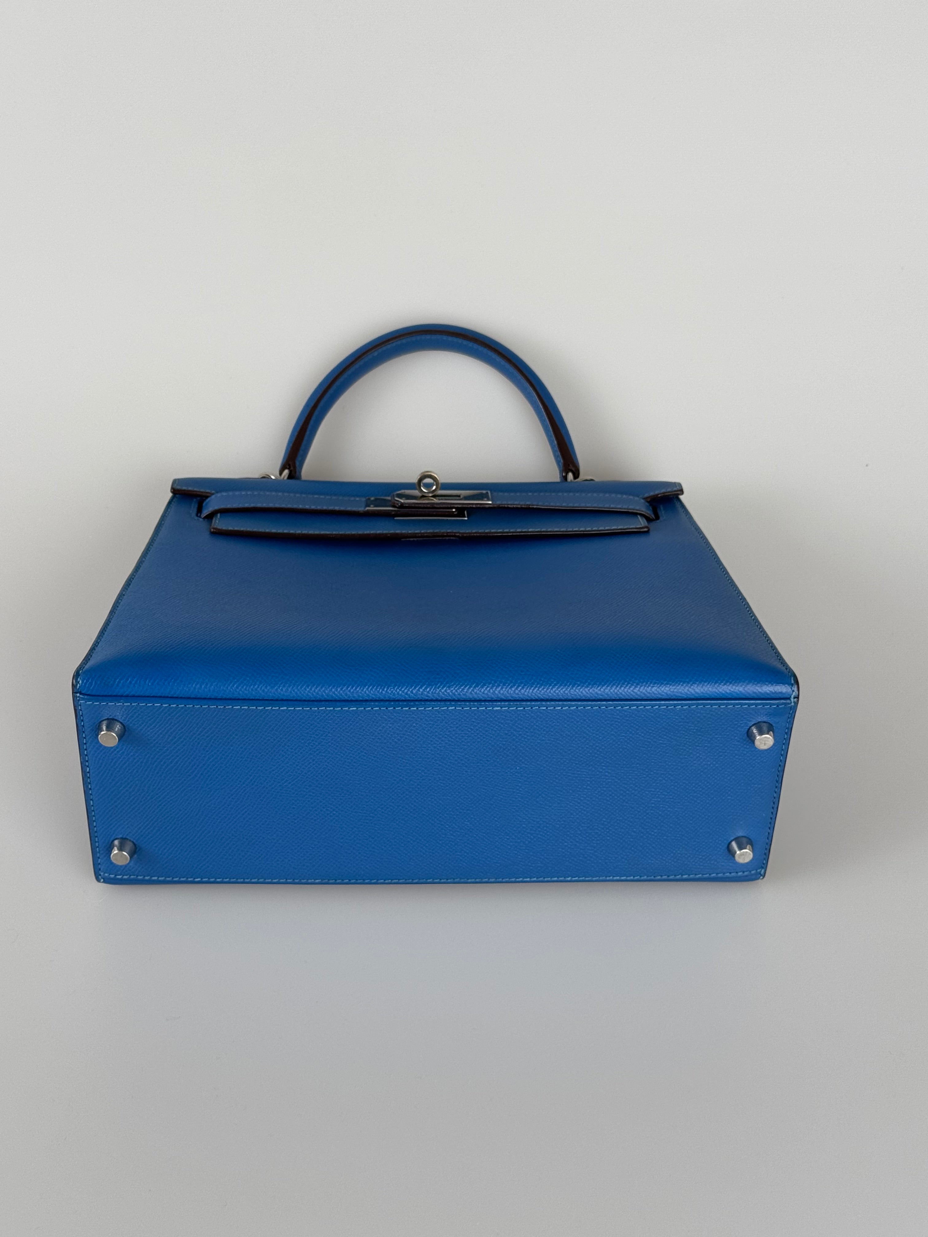 Hermes Kelly 28cm Sellier Bag In Blue Epsom Leather With Silver Hardware