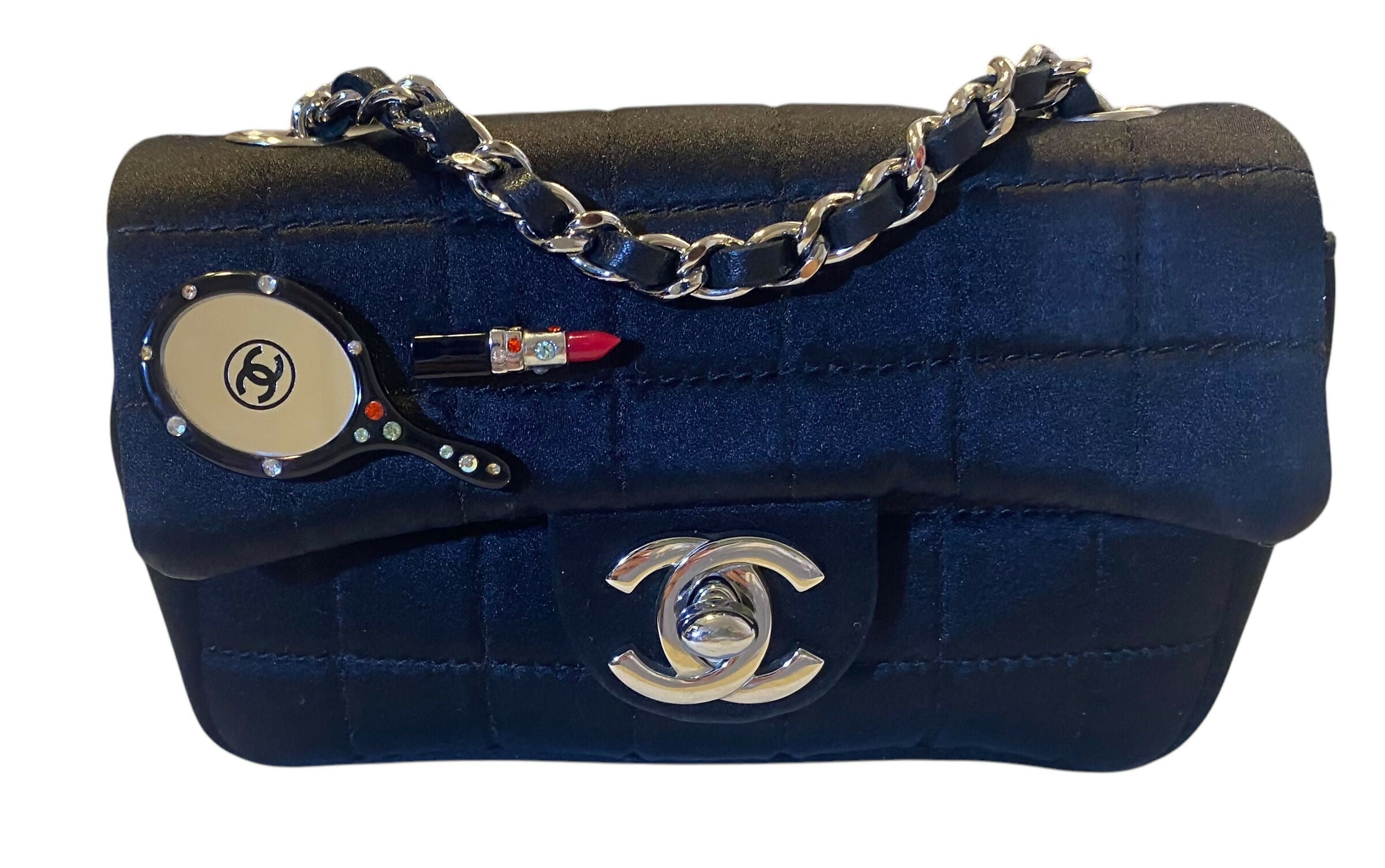 Chanel 04A Black Satin Mini Micro Square Quilted Lipstick Mirror Charm Flap Bag