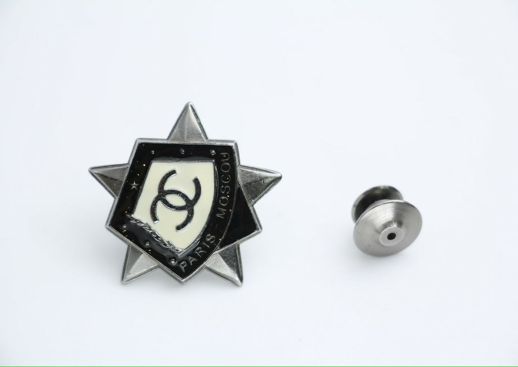Chanel Vintage 09A Metal Black Beige Moscow Series Badge Brooch