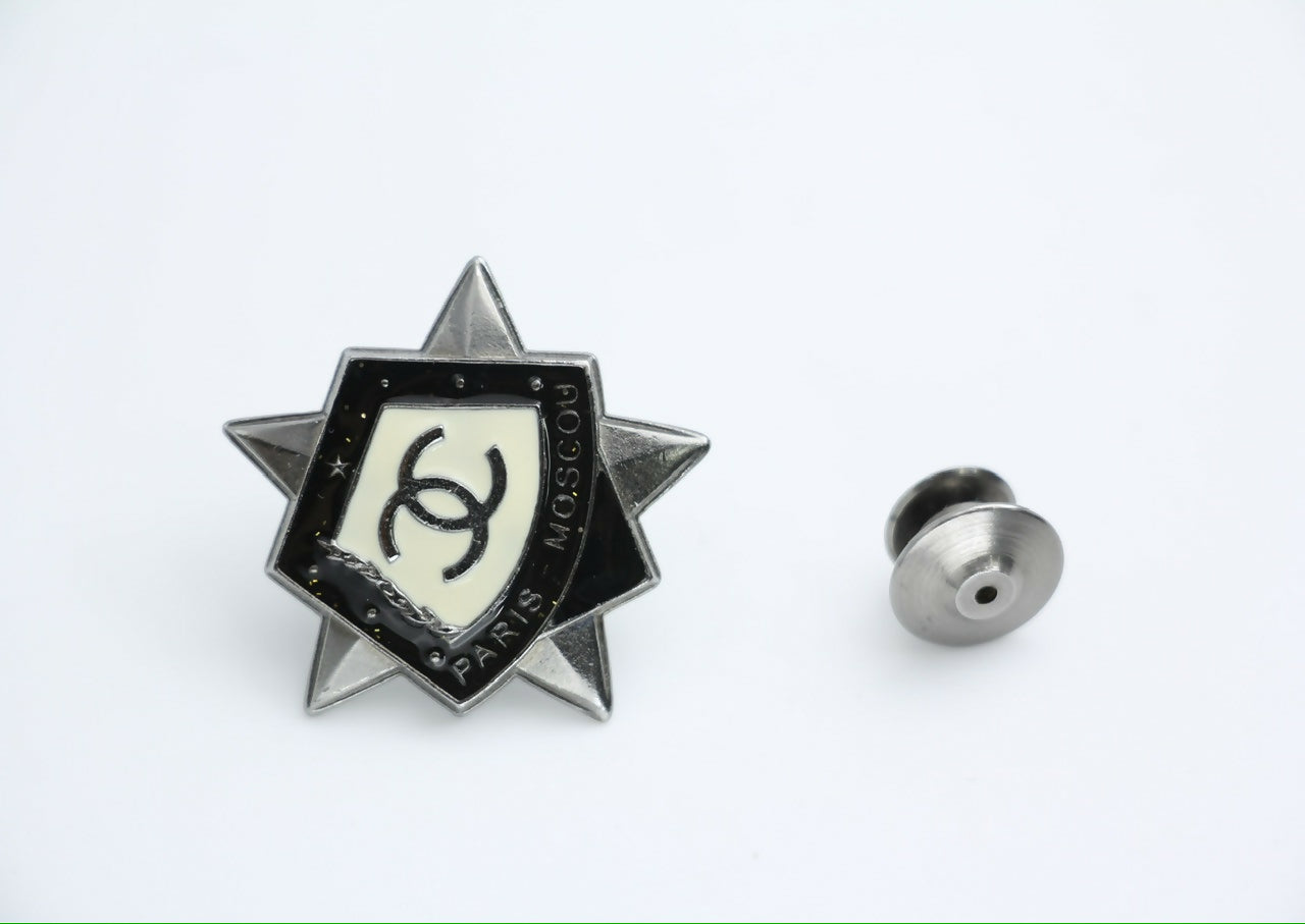 Chanel Vintage 09A Metal Black Beige Moscow Series Badge Brooch